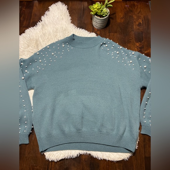Women's Teal Pearl-Embellished Sweater - Picture 2 of 11